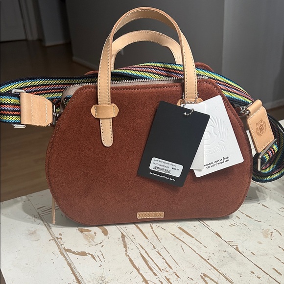 Consuela Brown Suede Floral Embroidered Crossbody with Striped Strap - Picture 2 of 7